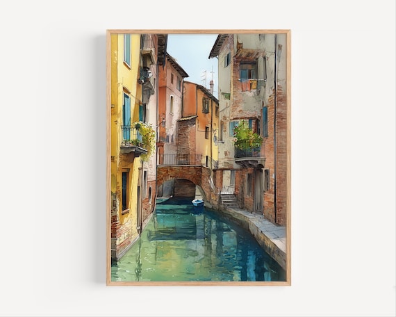 Treviso Italy Watercolor Canal Brick Buildings Bridge Travel Poster