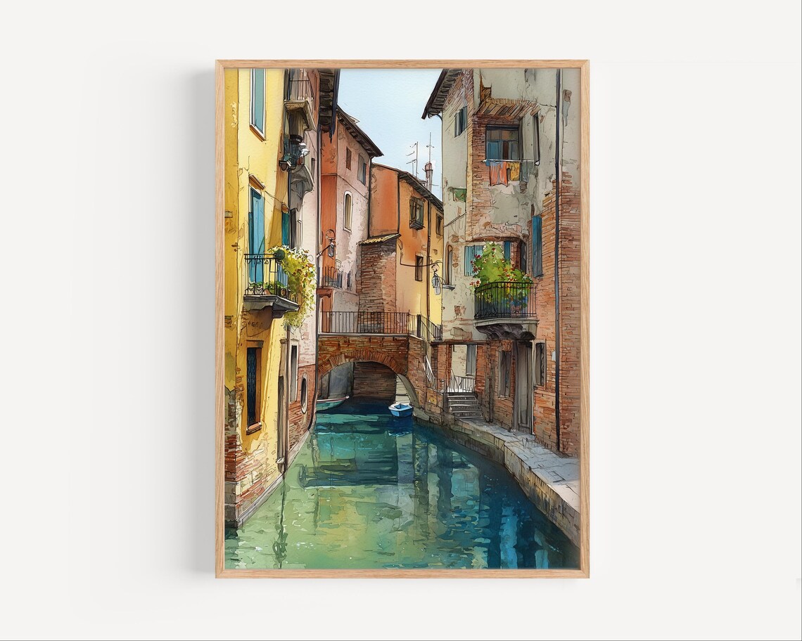 Treviso Italy Watercolor Canal Brick Buildings Bridge Travel Poster