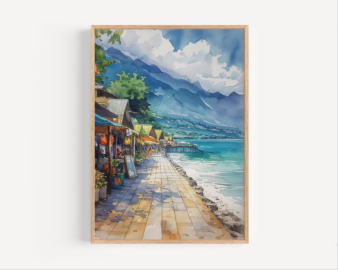 Cebu Waterfront Market Promenade Blue Water Watercolor Travel Poster
