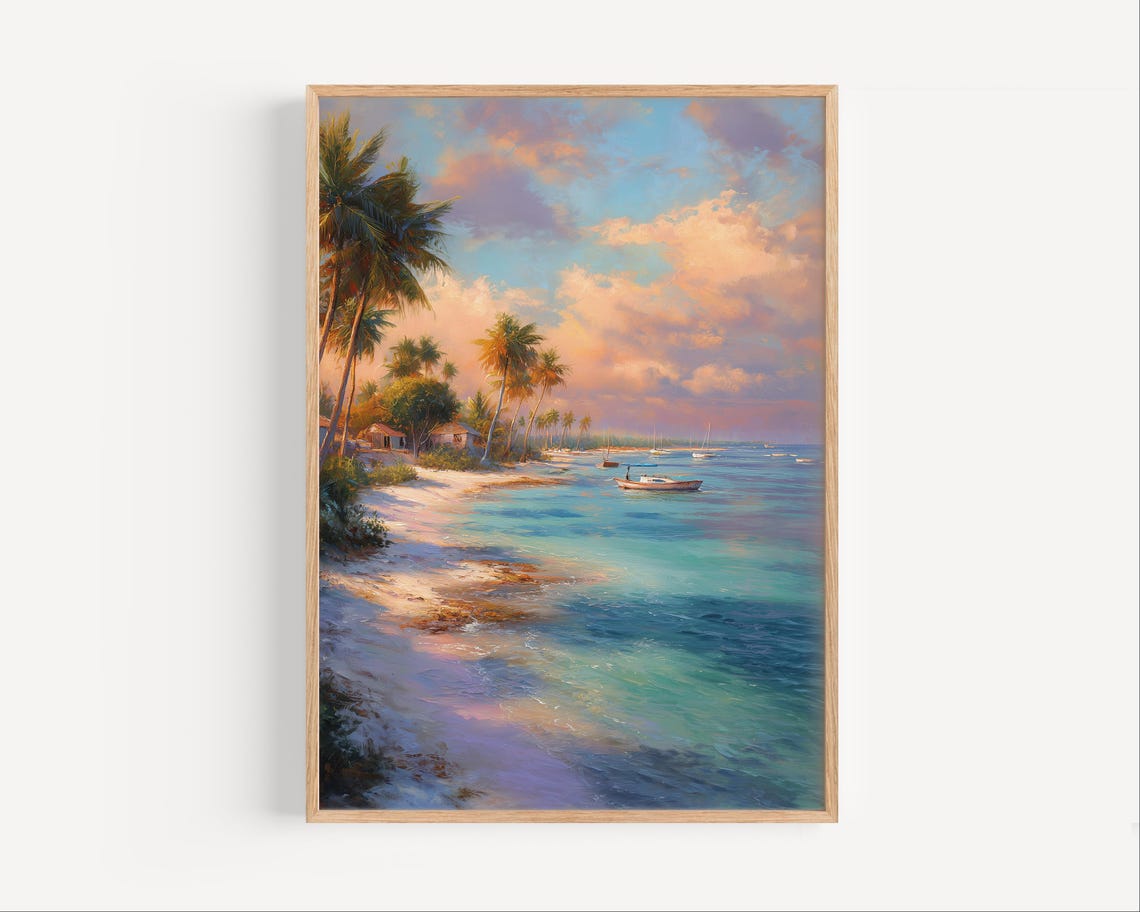 Akumal Mexico Beach Palms Boats Turquoise Water Painting Poster