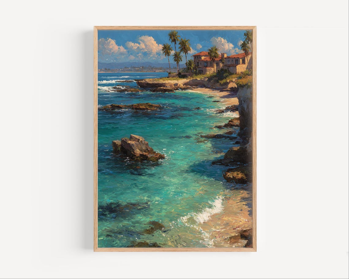Rocky Coastline Oil Painting With Palms And Cliff Villas Ocean Poster