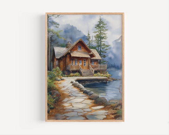 Log Cabin On Lakeshore With Stone Path Mountain Watercolor Poster