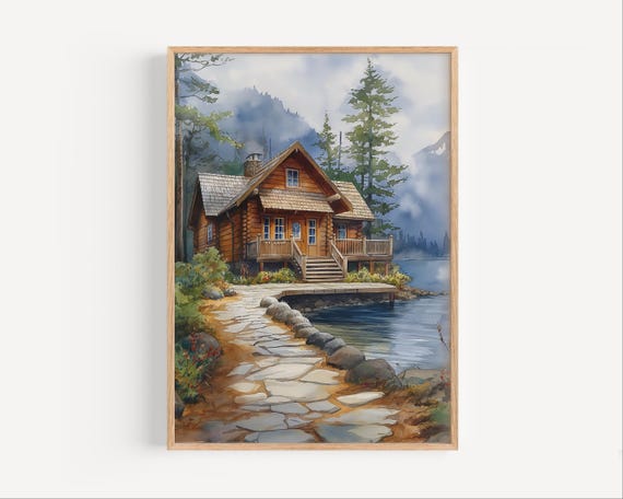 Seaside Cottage In Alaska Watercolor Painting Oceanside Alaskan Cabin Poster Or Canvas Print Travel Hunting Fishing