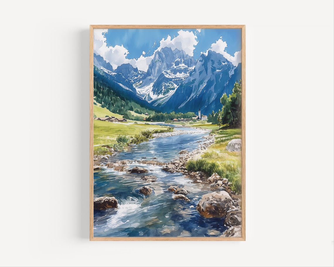 Soca Valley Slovenia Alpine River Watercolor Mountain Travel Poster