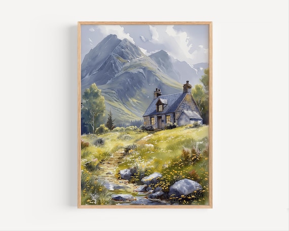 Stone Cottage Scottish Highlands Mountain Watercolor Painting Travel Poster