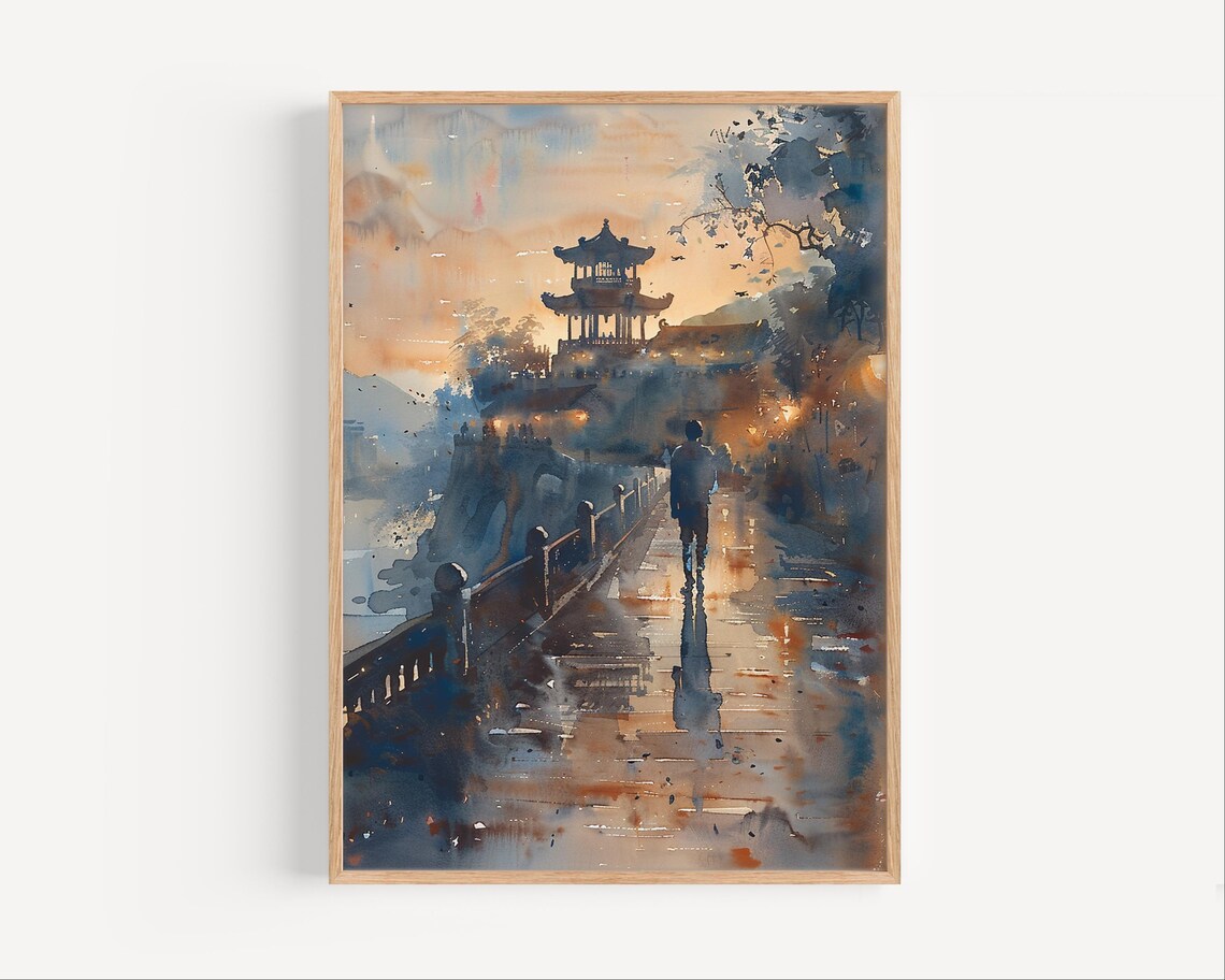 Asian Pagoda Temple Sunset Watercolor Travel Landscape Art Poster