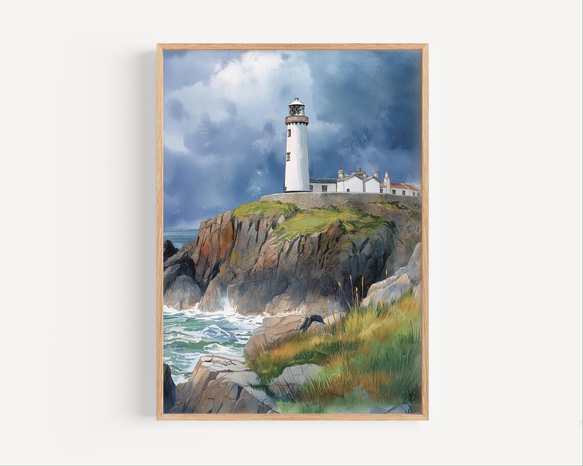 Fanad Lighthouse Donegal Stormy Sky Watercolor Coastal Poster