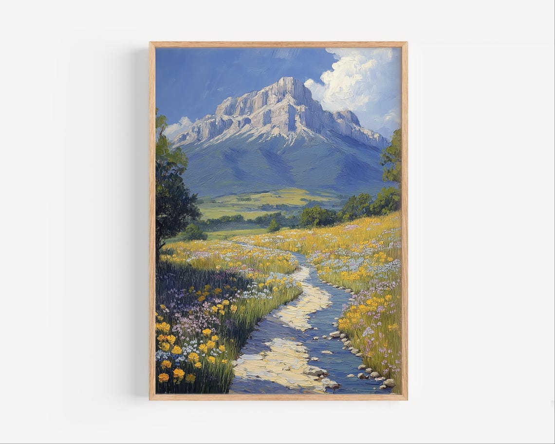 Rocky Mountain Peak Wildflower Meadow Stream Oil Painting Poster