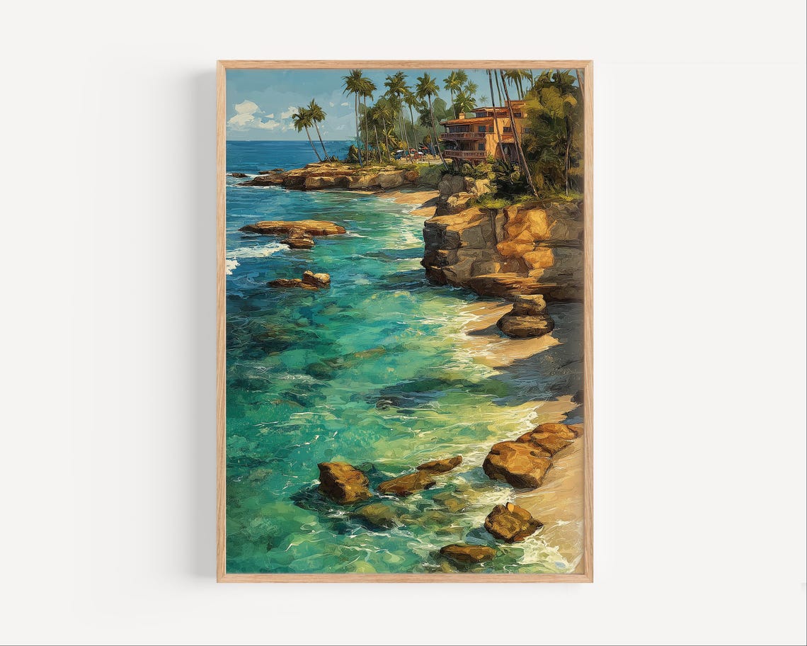 Rocky Tropical Cove With Palms And Turquoise Water Travel Wall Poster