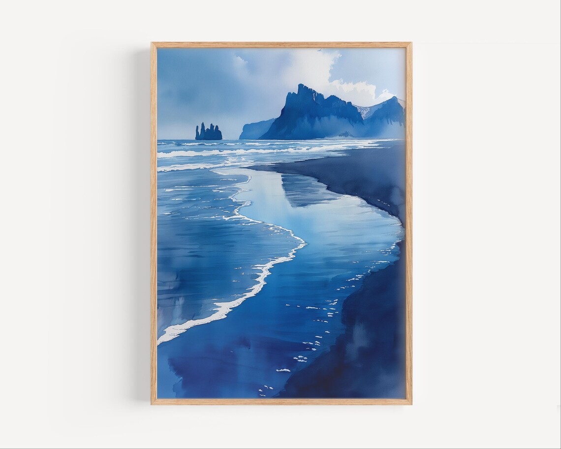 Stokksnes Iceland Black Sand Beach Watercolor Seascape Poster