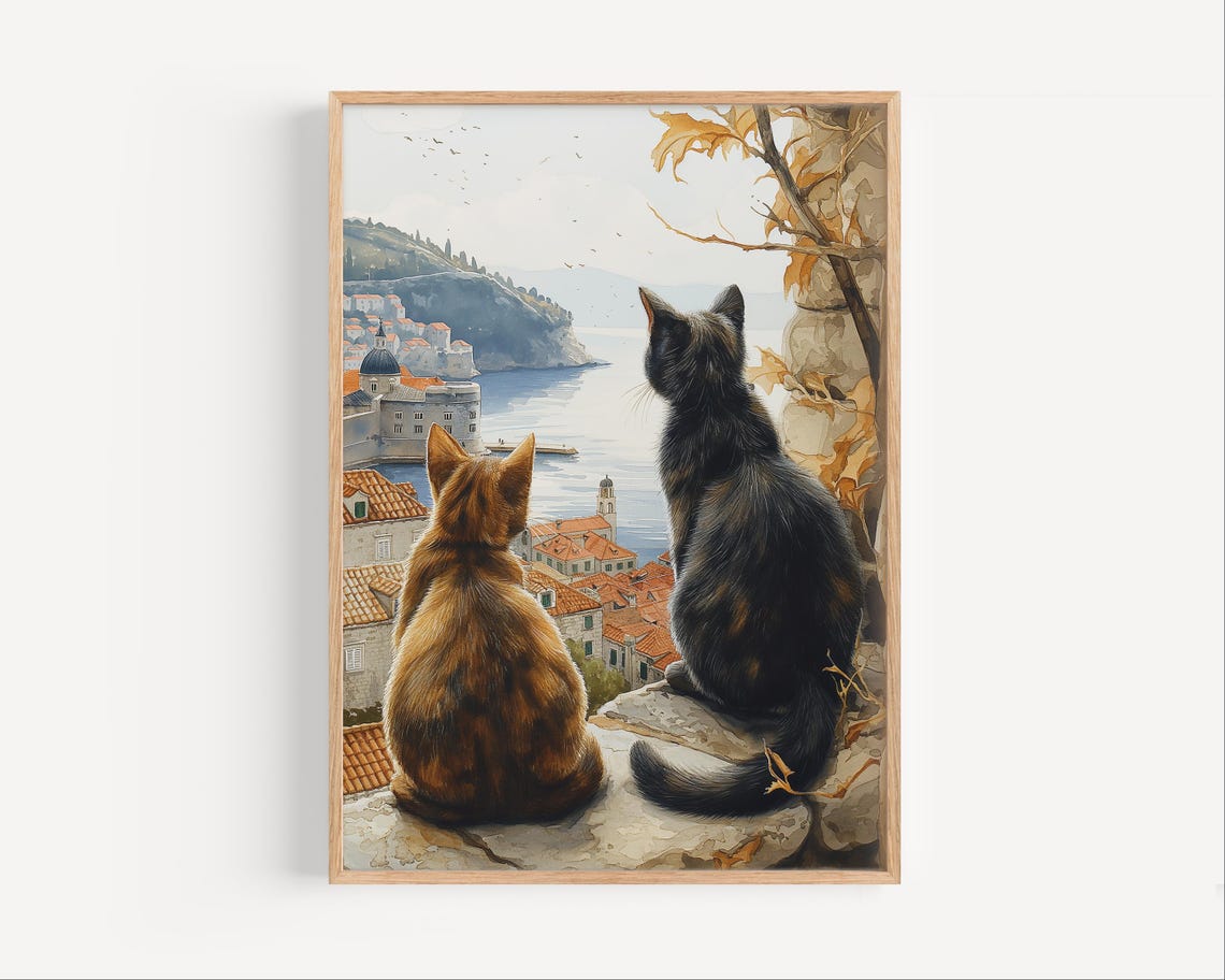 Two Cats Watching Dubrovnik Rooftops Watercolor Croatia Art Poster