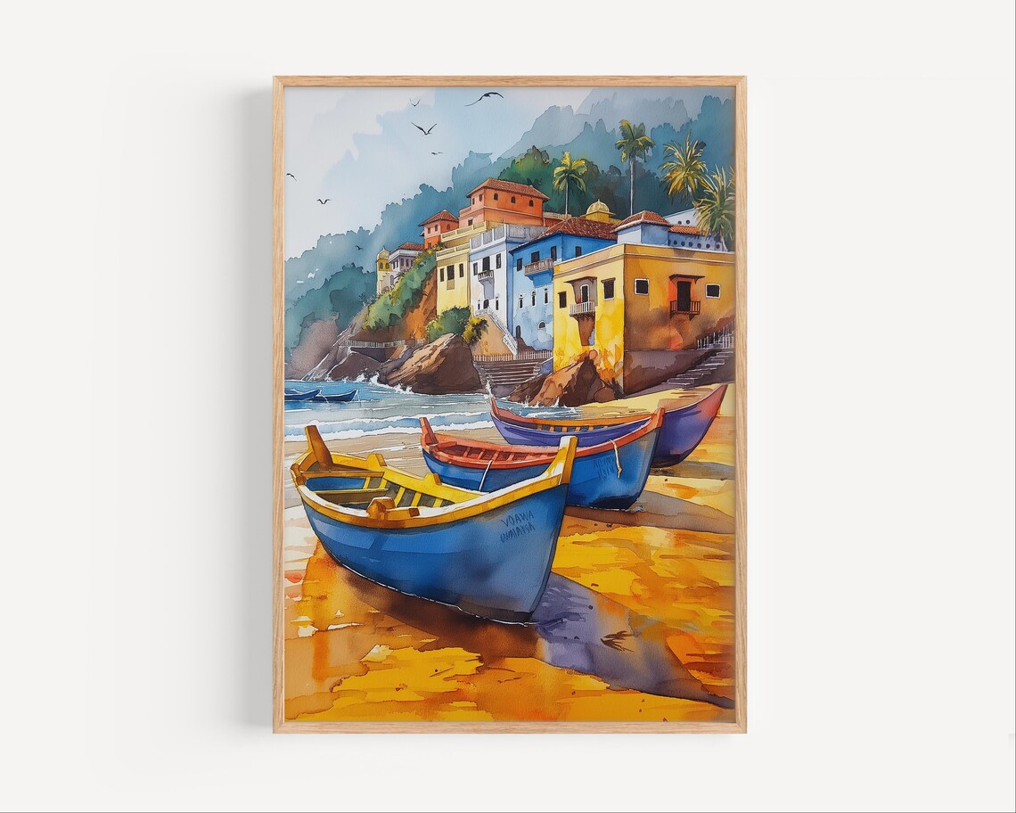 Goa India Beach Watercolor Colorful Canoes Cliffside Houses Poster