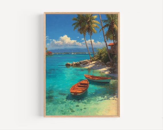 Caribbean Beach With Palm Trees Turquoise Water Boats Oil Poster