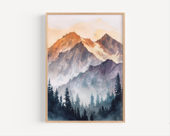 Golden Sunset Mountain Peaks Pine Trees Watercolor Nature Poster