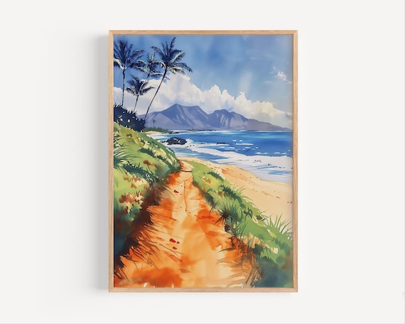 Maui Hawaii Beach Watercolor Painting Palm Trees Mountain Shore Poster