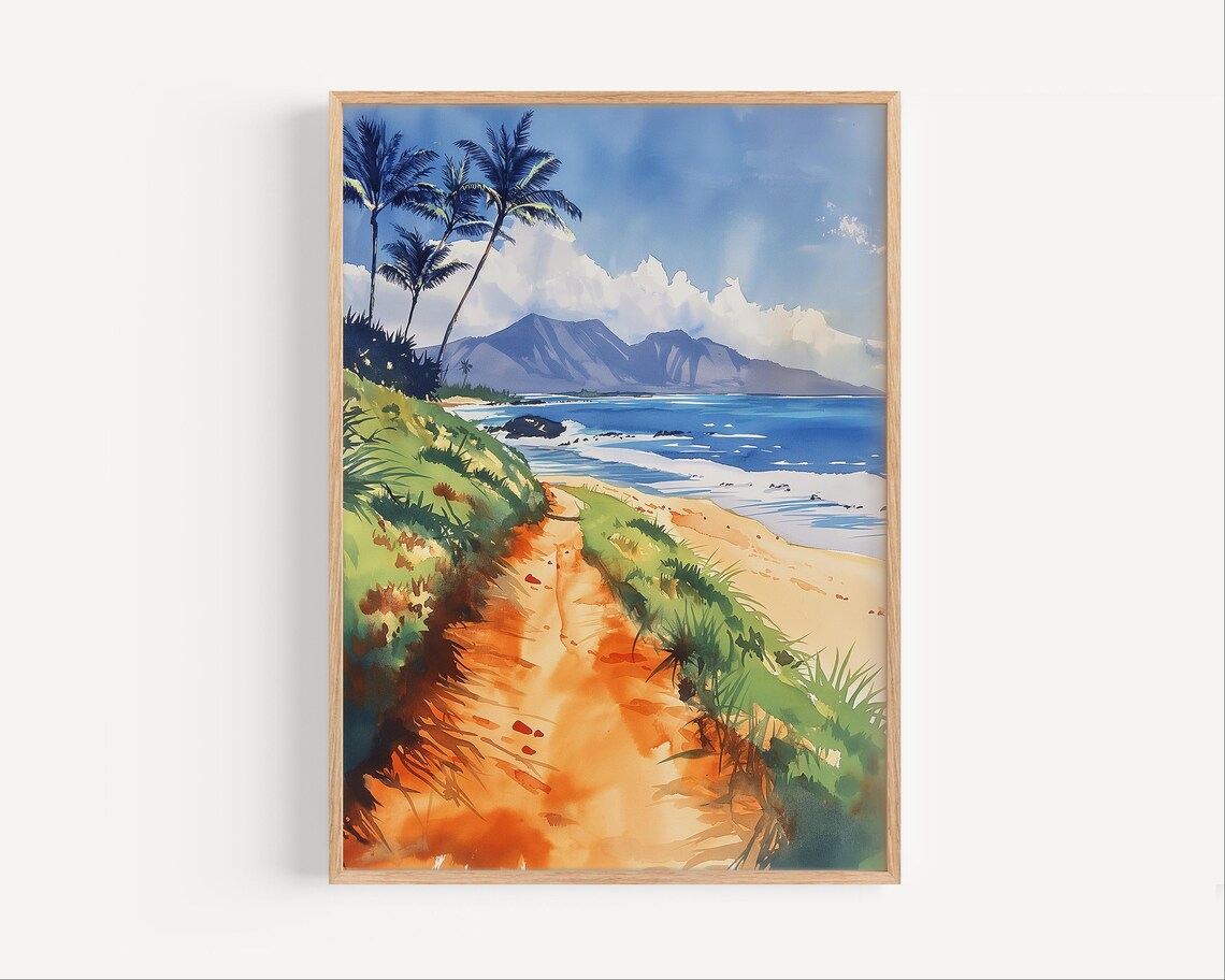 Maui Hawaii Beach Watercolor Painting Palm Trees Mountain Shore Poster