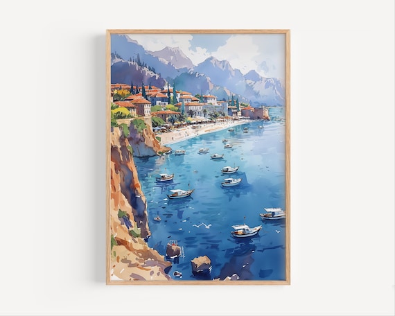 Antalya Turkey Coastal Town Watercolor Boats Mountains Poster