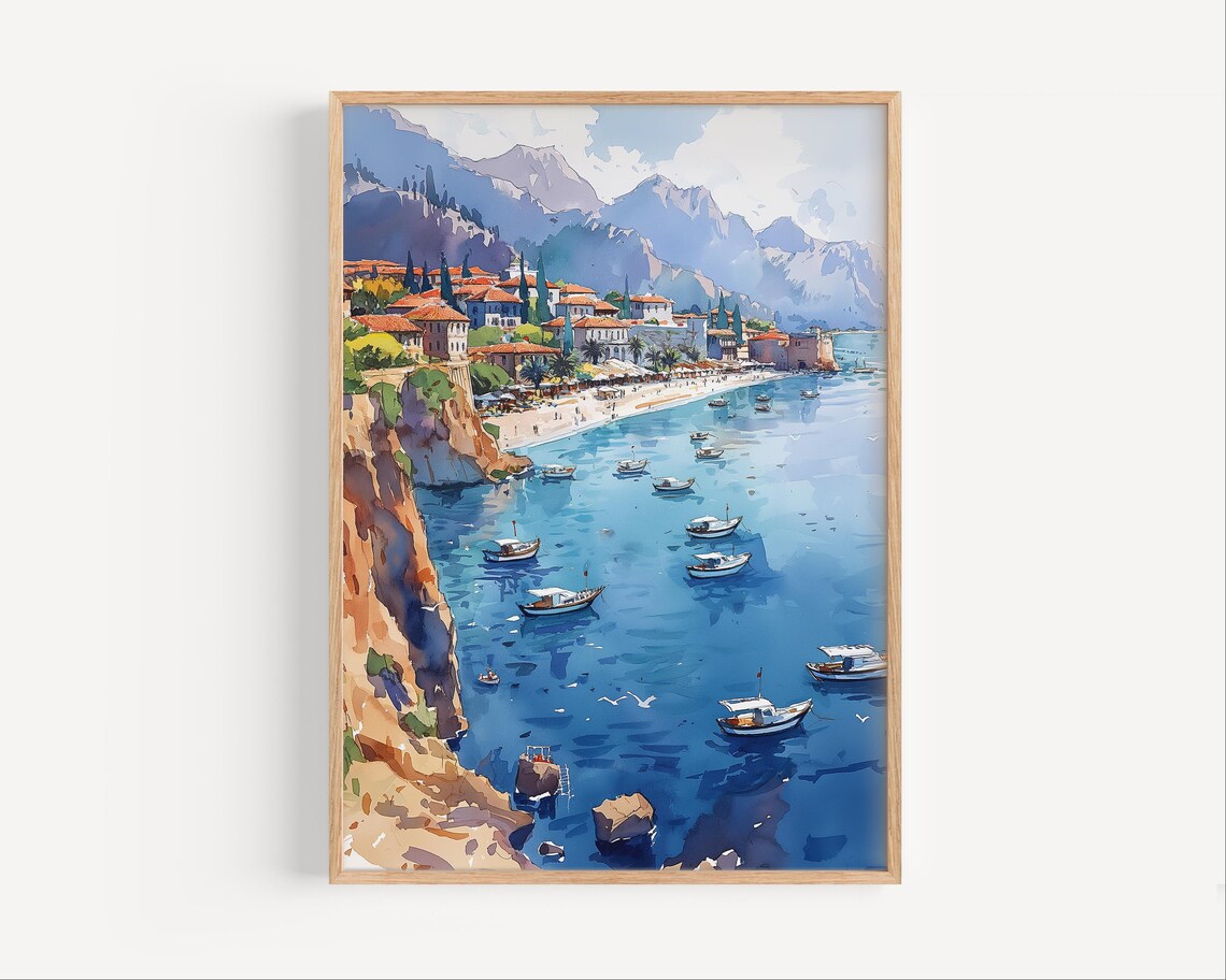 Antalya Turkey Coastal Town Watercolor Boats Mountains Poster