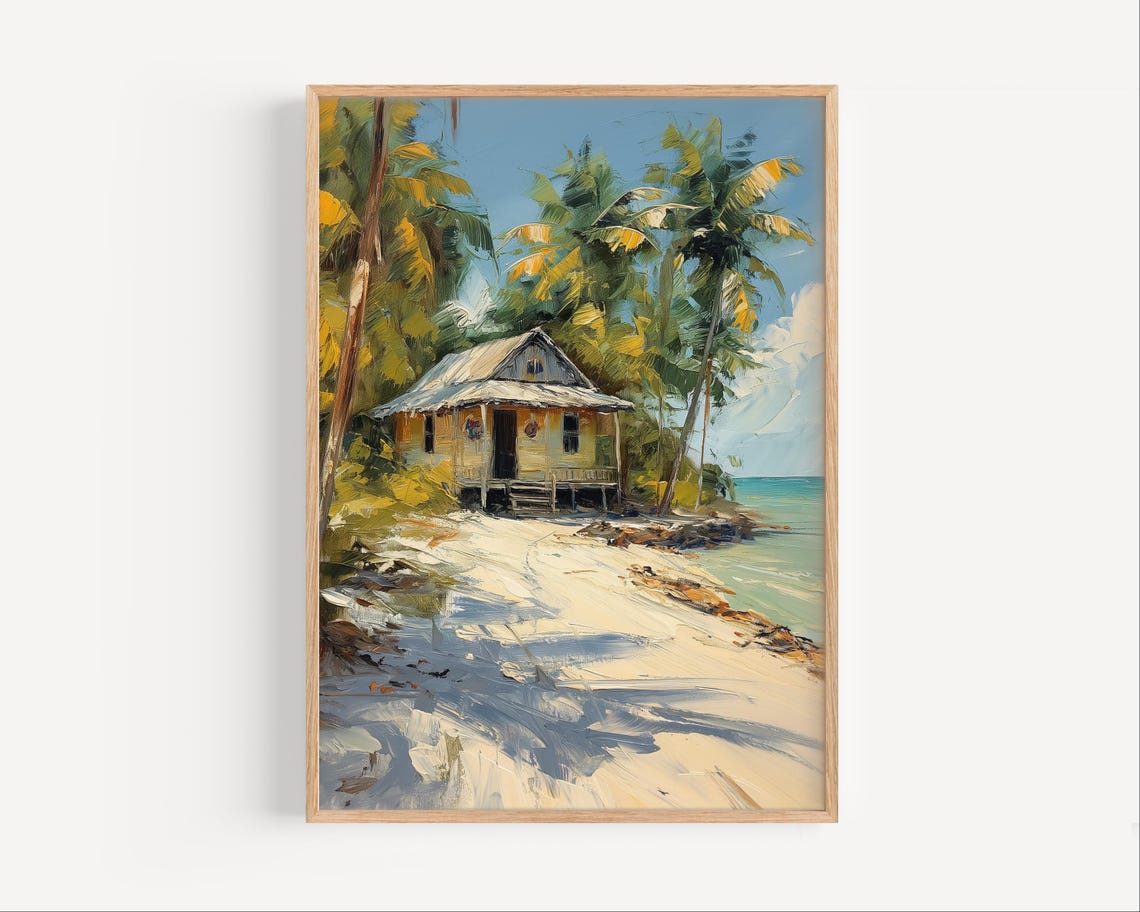 Key Largo Florida Seaside Beach Shack Oil Painting Palms Poster