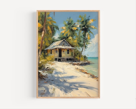 Key Largo Florida Seaside Beach Shack Oil Painting Palms Poster