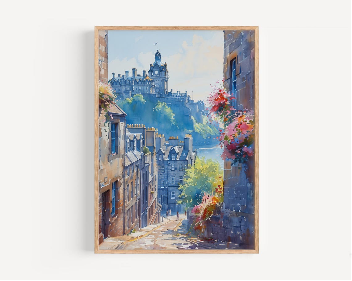 Edinburgh Scotland Historic Old Town Street Watercolor Poster