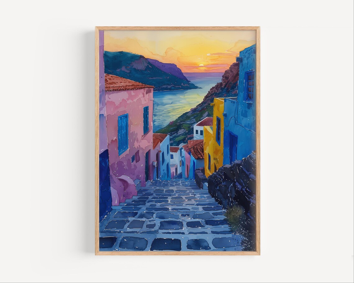 Mallorca Spain Sunset Street Sea Colorful Mediterranean Painting Poster