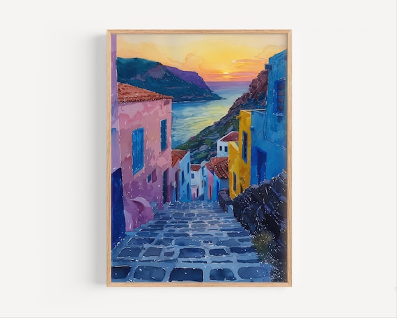 Mallorca Spain Sunset Street Sea Colorful Mediterranean Painting Poster