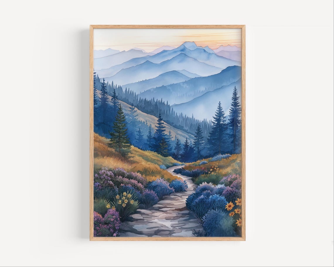 Blue Mountain Sunrise Hiking Trail Wildflower Path Watercolor Poster