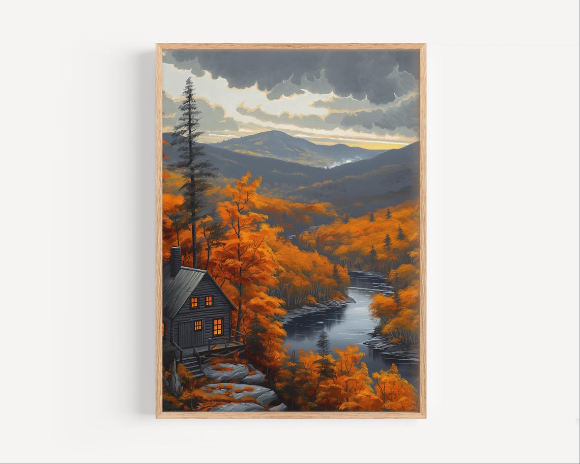 Autumn Cabin River Orange Fall Foliage Cozy Mountain Scene Poster