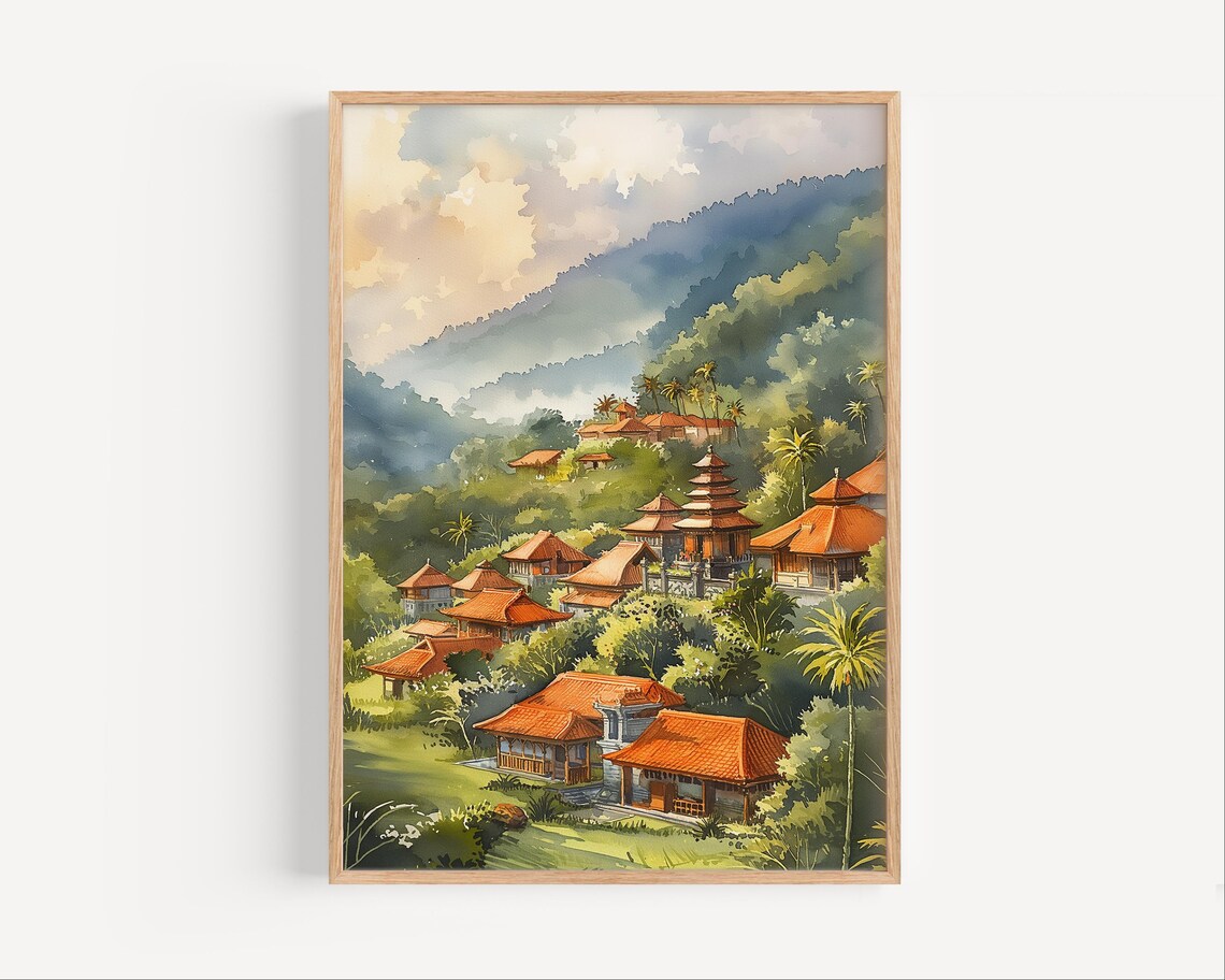 Bali Temple Village Watercolor Painting Indonesia Travel Art Poster