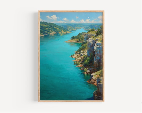 Turquoise Lake Between Rocky Cliffs and Green Hills Scenic Nature Poster