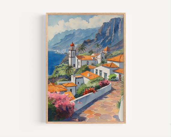 Tenerife Canary Islands Watercolor Painting Coastal Village Poster
