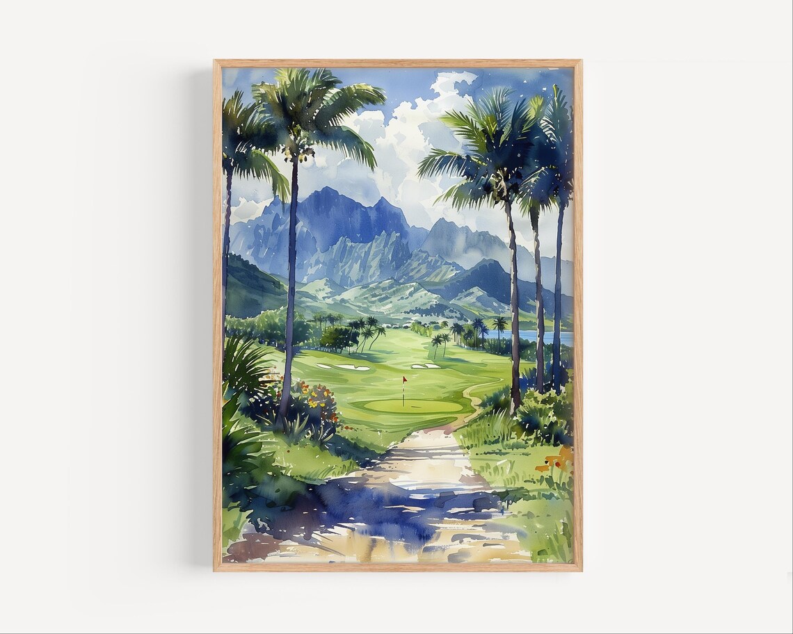 Hawaiian Golf Course Watercolor, Hawaii Travel Poster