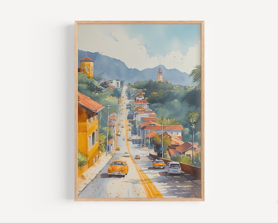 Tegucigalpa Honduras Watercolor Colonial Street Mountain Cityscape Poster