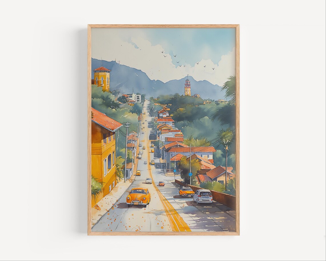 Tegucigalpa Honduras Watercolor Colonial Street Mountain Cityscape Poster