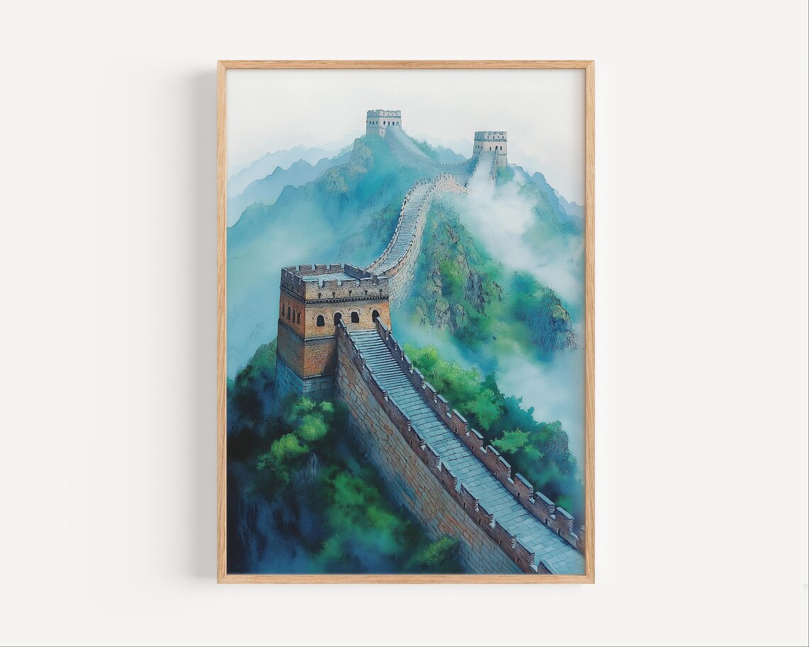 Great Wall of China Misty Mountains Watercolor Travel Poster