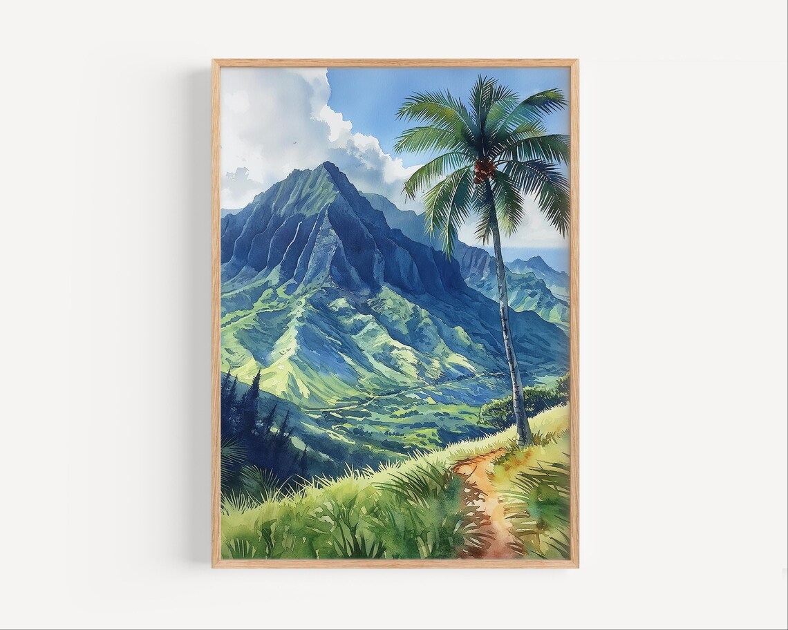 Koolau Mountain Range Oahu Hawaii Watercolor Palm Tree Travel Painting Poster