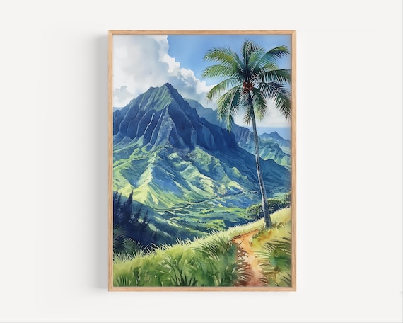 Koolau Mountain Range Oahu Hawaii Watercolor Palm Tree Travel Painting Poster