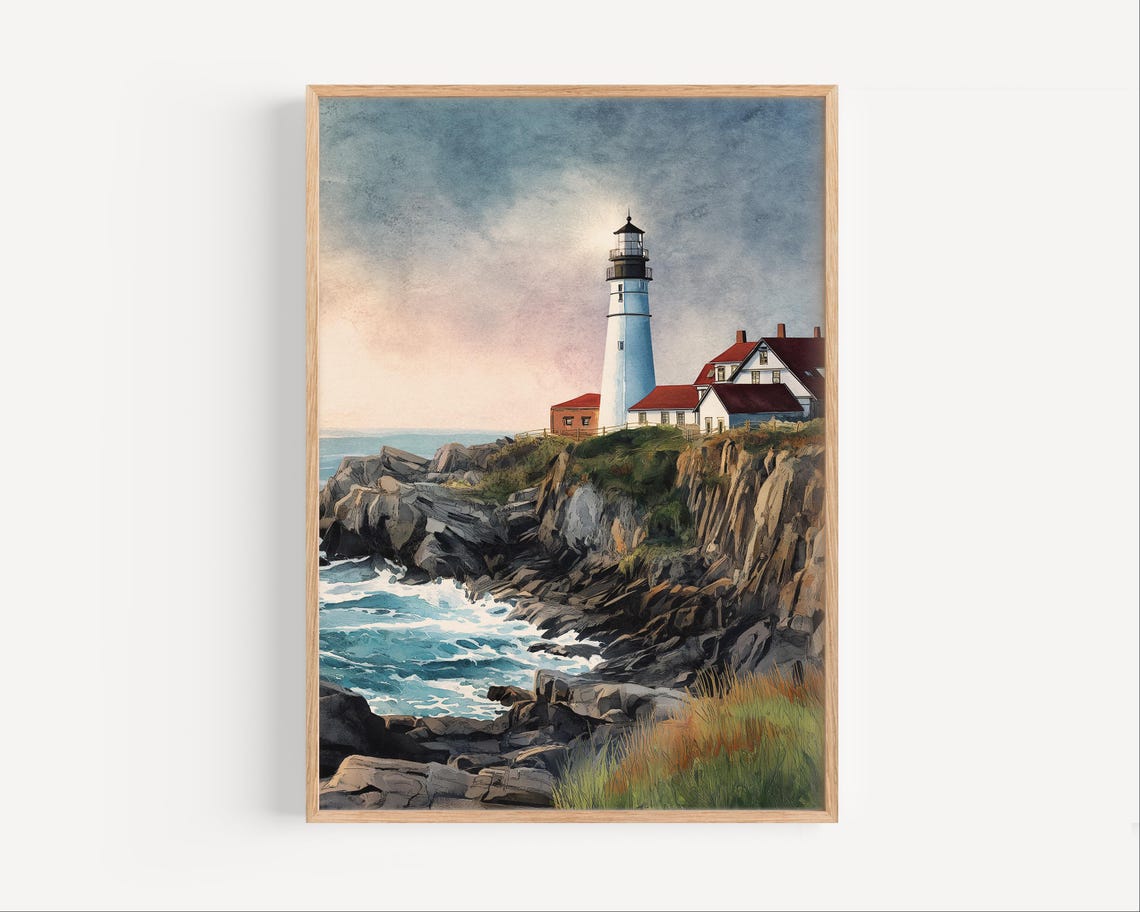 Portland Head Light Sunset Watercolor Maine Lighthouse Poster