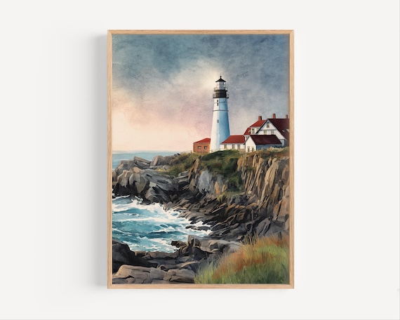 Portland Head Light Sunset Watercolor Maine Lighthouse Poster