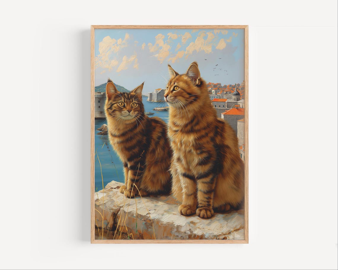 Two Tabby Cats Overlooking Dubrovnik Old Town Harbor Art Poster