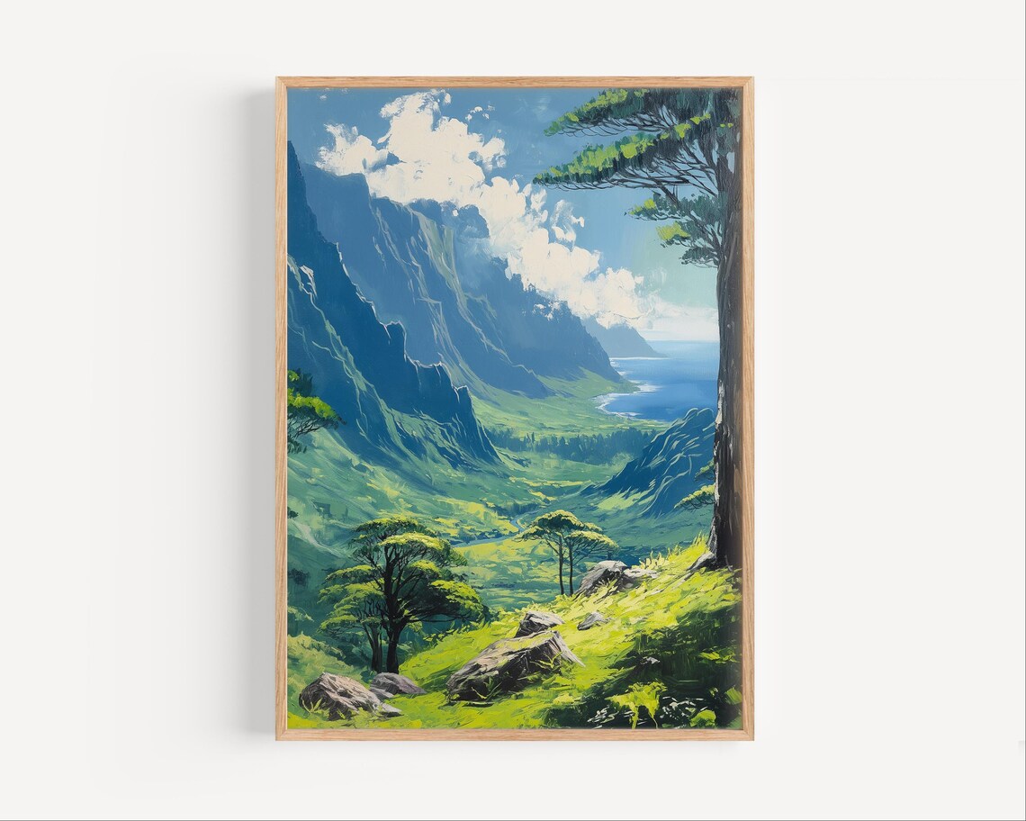 Tropical Island Green Valley Waterfall Ocean Watercolor Travel Poster