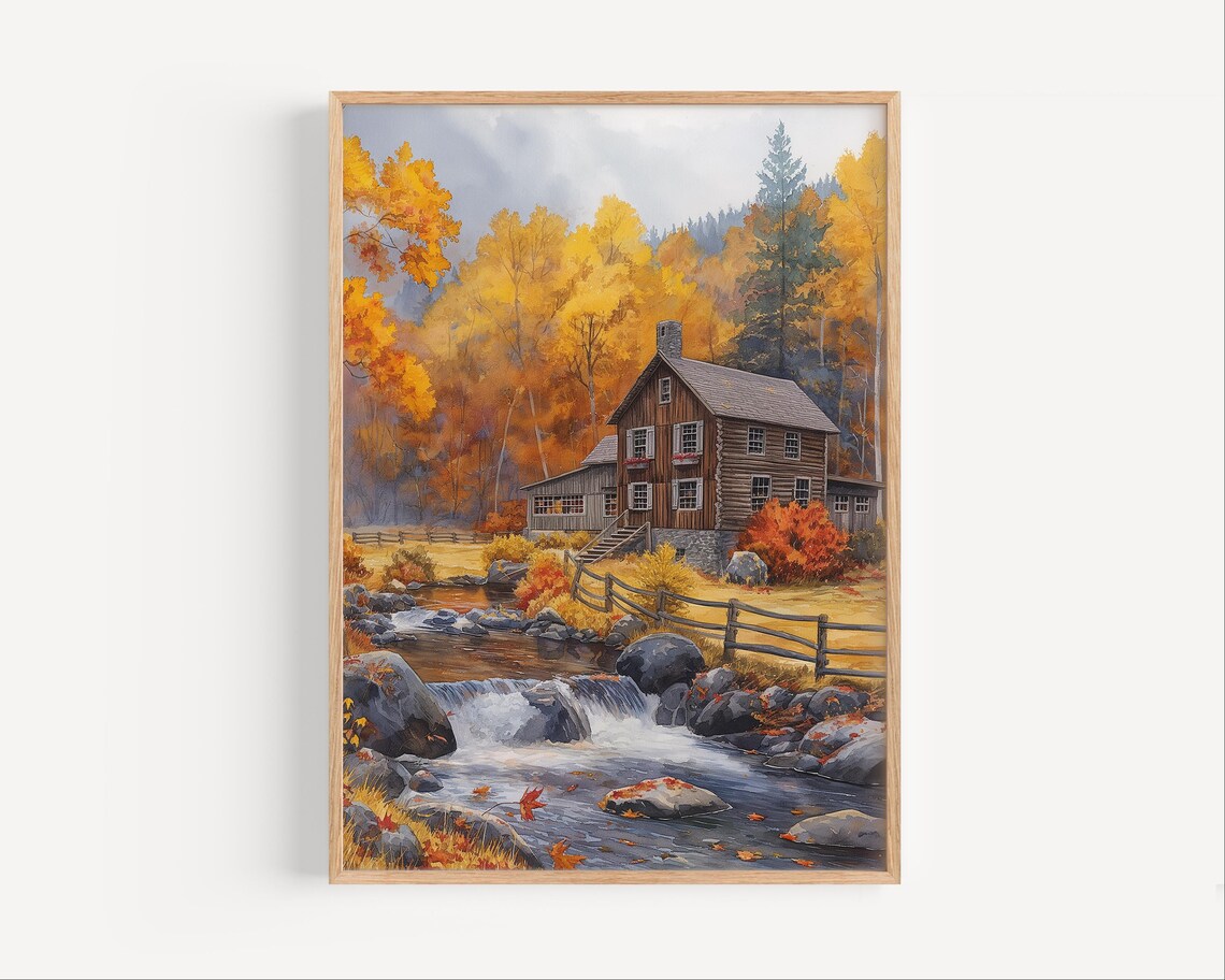 Autumn Cabin by Rocky Creek Golden Fall Foliage Rustic Landscape Poster