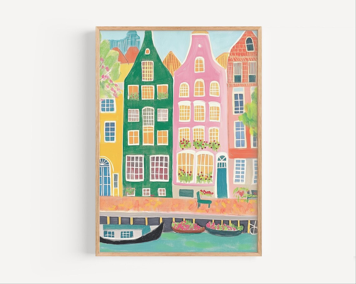 Amsterdam Canal Houseboats Bright Whimsical Cityscape Art Poster