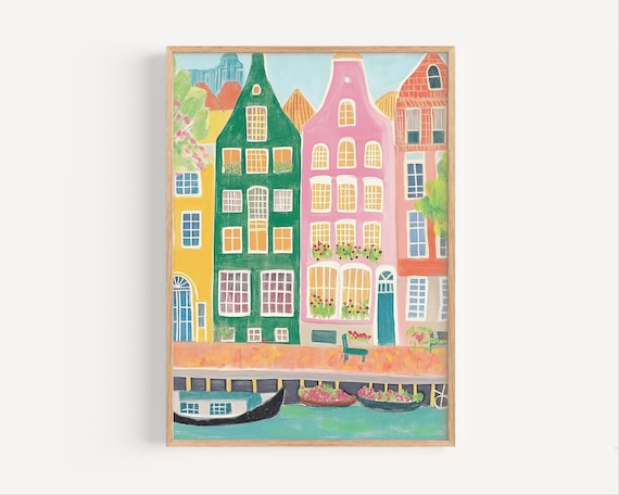 Amsterdam Canal Houseboats Bright Whimsical Cityscape Art Poster