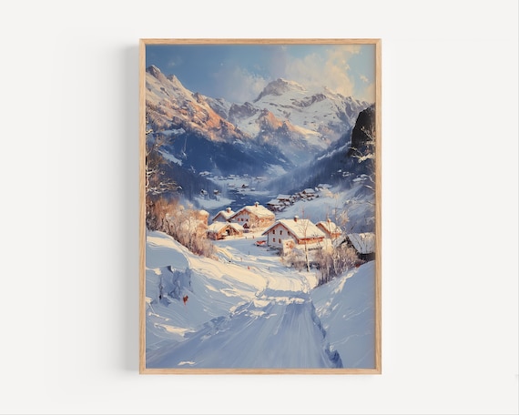 Snowy Alpine Ski Village Chalets Mountain Winter Oil Painting Poster