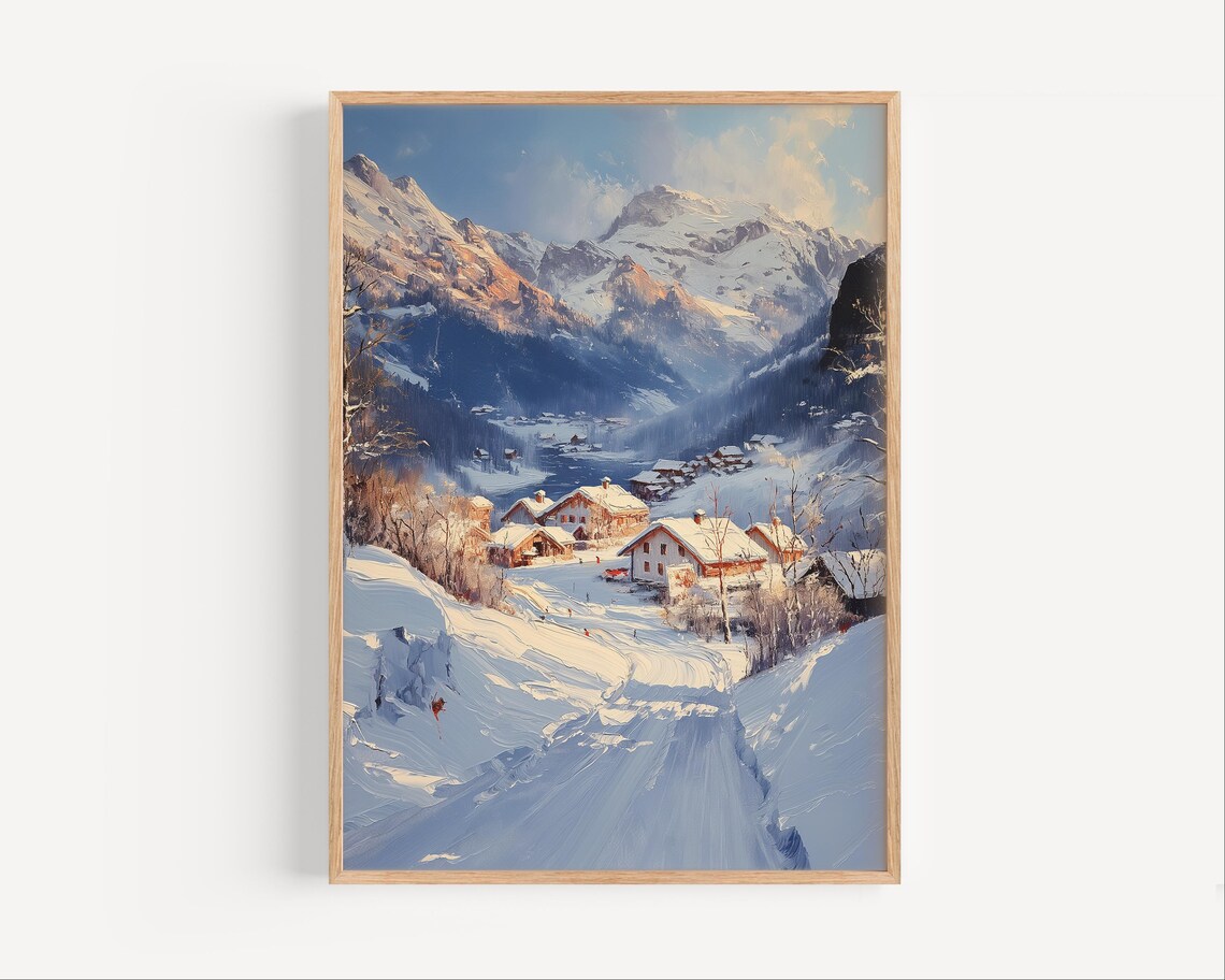 Snowy Alpine Ski Village Chalets Mountain Winter Oil Painting Poster