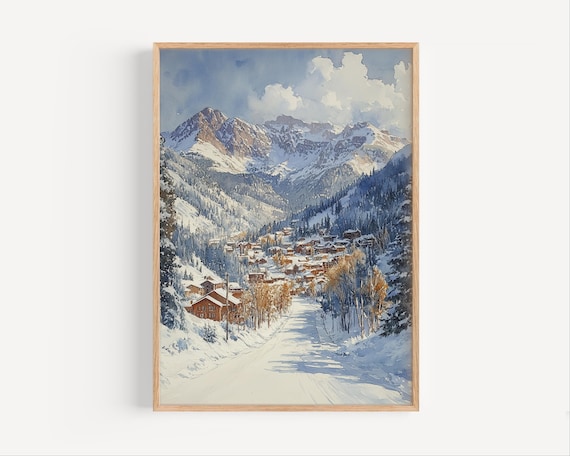 Telluride Colorado Snowy Ski Village Watercolor Winter Poster