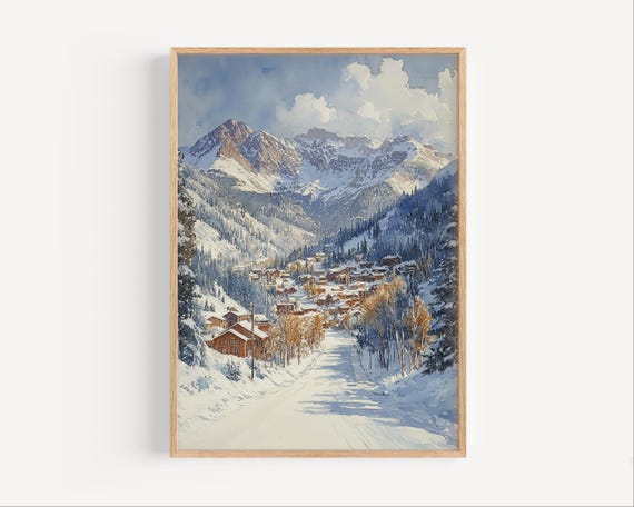 Telluride Watercolor Painting Ski Poster Print Or Canvas Colorado Wall Art Gift Usa Town Skiing