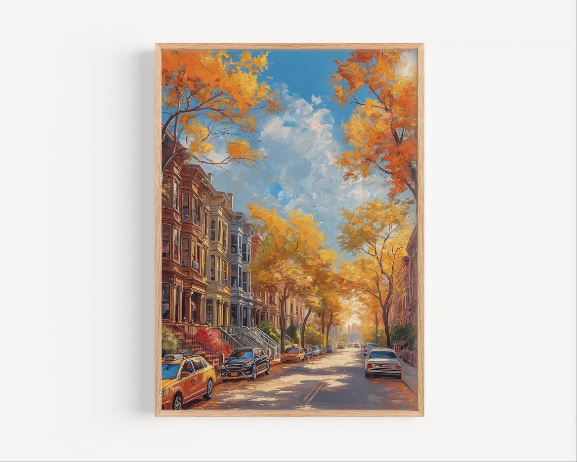 Brooklyn Autumn Street Brownstone Row Houses Oil Painting Style Poster